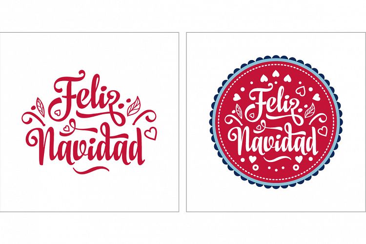 Merry Christmas. Feliz navidad. Lettering composition with phrase in Spanish language.