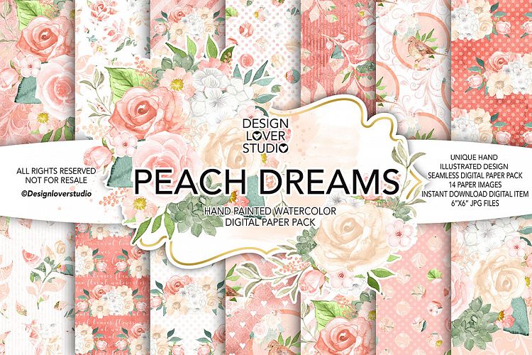 Watercolor Peach Dreams digital paper pack