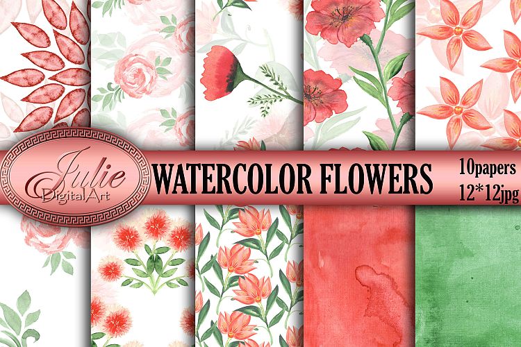 Red and green floral watercolor digital paper pack