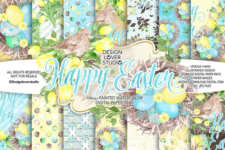Watercolor Happy Easter yellow digital paper pack