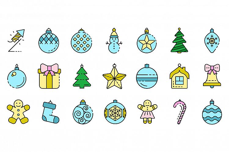 Christmas tree toys icons set line color vector