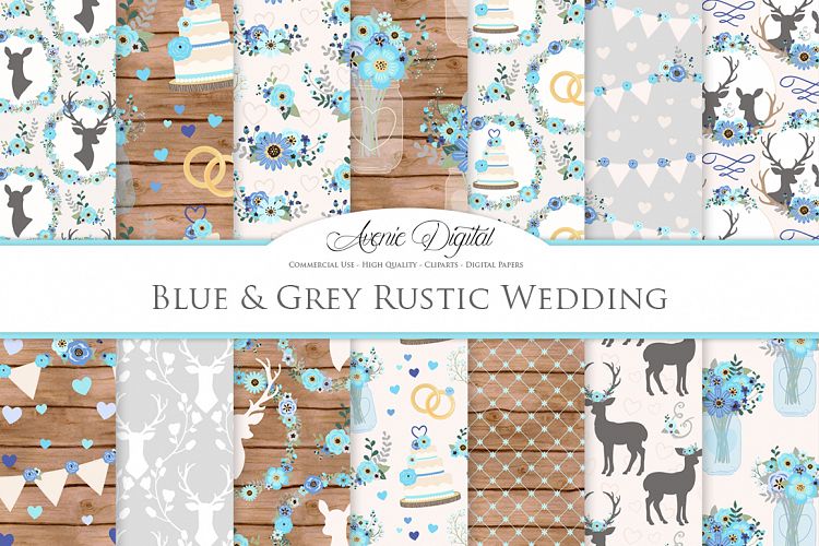 Blue and Grey Wedding Digital Paper - Gray and Blue Rustic Wedding Deer Seamless Patterns