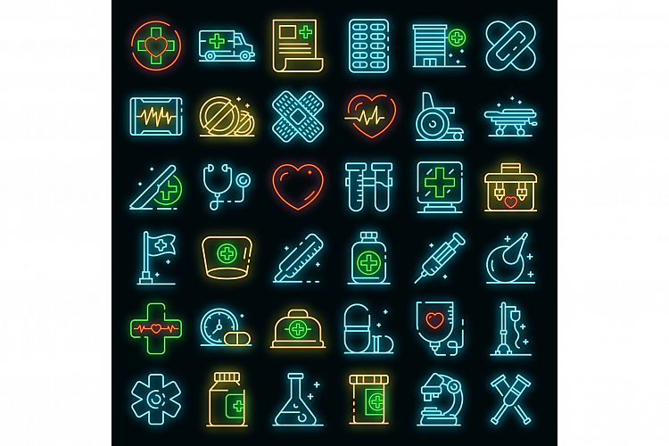 First medical aid icons set vector neon example image 1