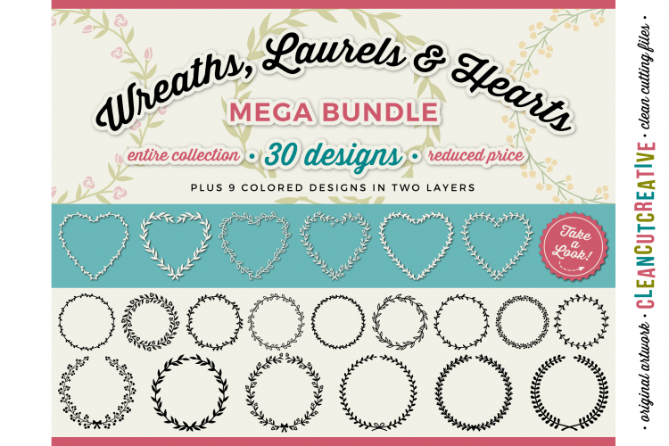 Download FLORAL MEGA BUNDLE 30 wreaths, laurels and hearts leaf ...