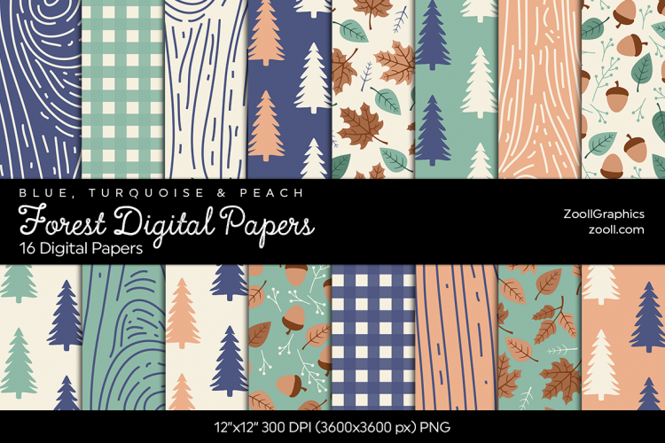 Forest Digital Papers - Blue, Turquoise   Peach