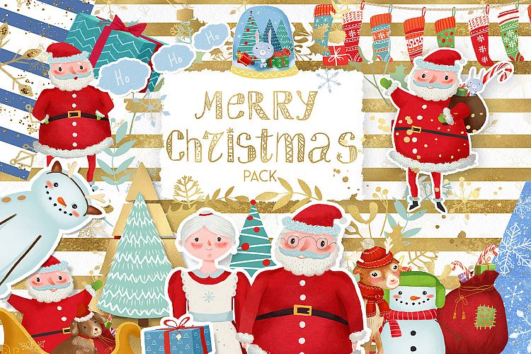 Merry Christmas clipart pack with Santa and digital paper