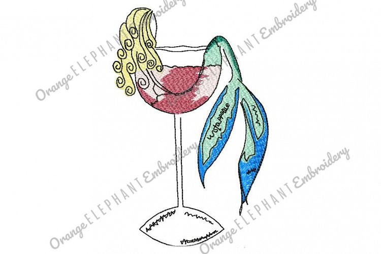  Mermaid Splash Wine Glass Hand Drawn Unique Urban Machine Embroidery Design digital File