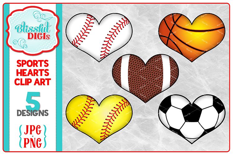 Sports Hearts Clip Art - Baseball/Football/Soccer/Basketball