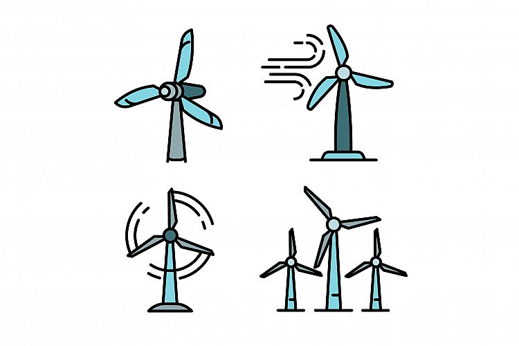 Wind turbine icons set, outline style
