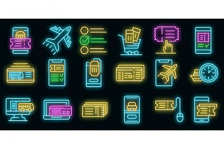 Online tickets booking icons set vector neon example image 1