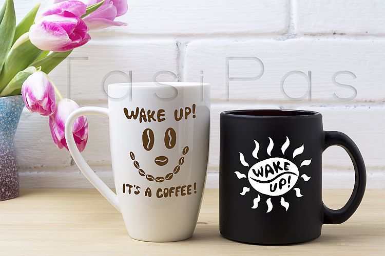 Black coffee, white cappuccino mug mockup, magenta tulips