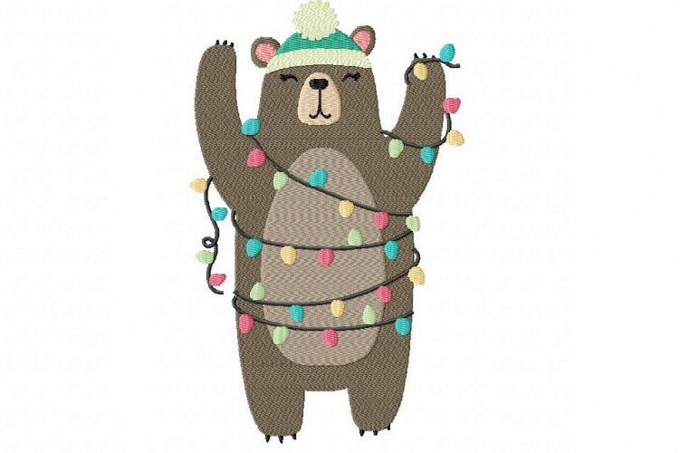 Brown Bear with Christmas Lights ~ Machine Embroidery Design in 2 sizes - Instant Download