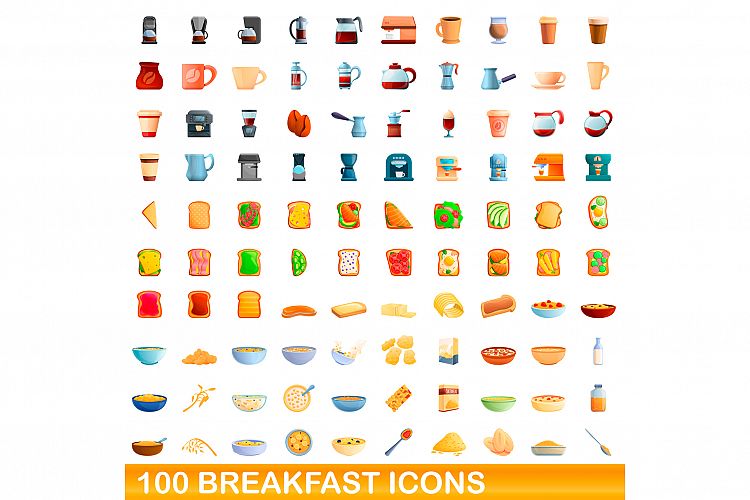 100 breakfast icons set, cartoon style example image 1