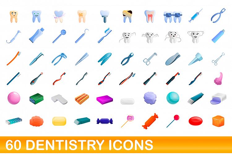 60 dentistry icons set, cartoon style example image 1