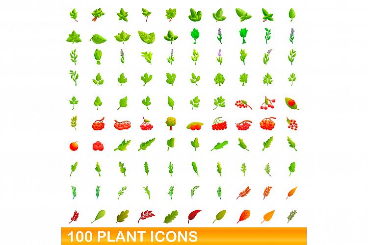 100 plant icons set, cartoon style example image 1