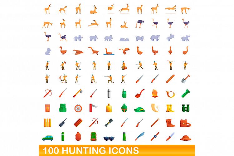 100 hunting icons set, cartoon style example image 1