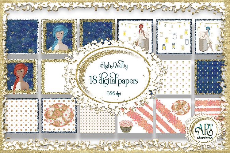 18 Digital Papers - Camping Party Clip art design , Glamping at summer nights clipart : JPEG files 12X12 INCH each