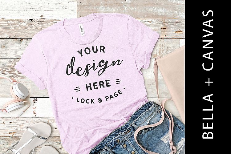 Lilac Bella Canvas 3001 T-Shirt Mockup Summer Flat Lay