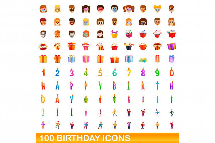 100 birthday icons set, cartoon style example image 1