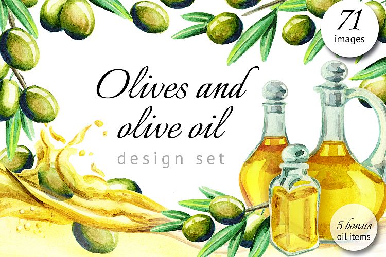 Watercolor olives and olive oil set