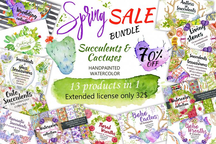 Spring Sale succulents & cactuses watercolor bundle 75% OFF!