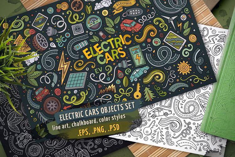 Electric Cars Doodles Cartoon Objects Set