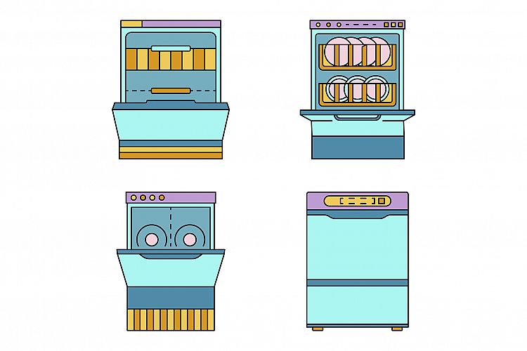 Dishwasher machine icon set line color vector example image 1