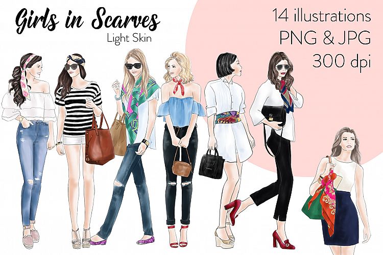 Fashion illustration clipart - Girls in scarves - Light Skin