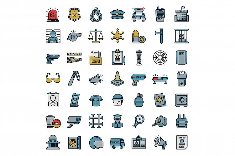 Police equipment icons set, outline style