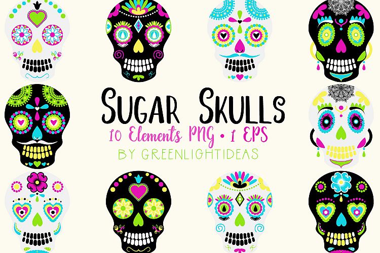 Sugar Skulls Graphics, Day Of The Dead Clipart, Halloween Clipart, Halloween Graphics