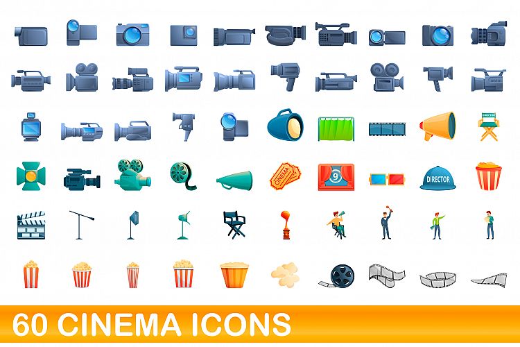 60 cinema icons set, cartoon style example image 1