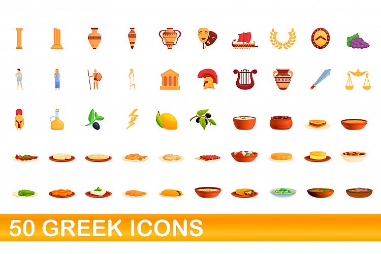 50 greek icons set, cartoon style