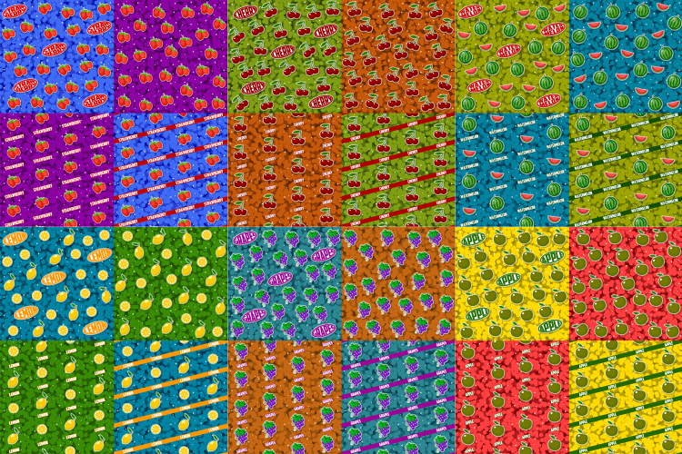 Seamless patterns with fruits. 24 elements set.