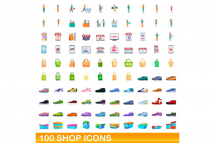 100 shop icons set, cartoon style example image 1