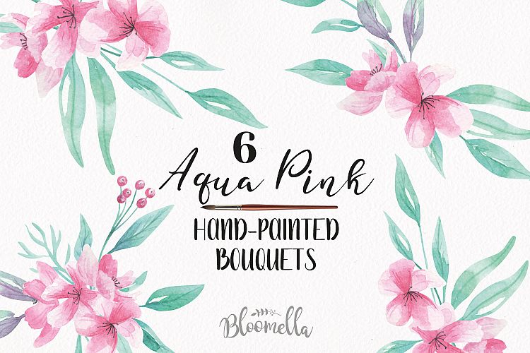 Watercolor Aqua Pink Clipart Bouquets Flowers Summer Florals 