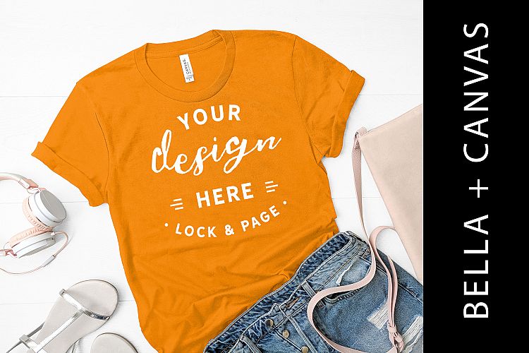 Orange Bella Canvas 3001 T-Shirt Mockup Sandels Handbag