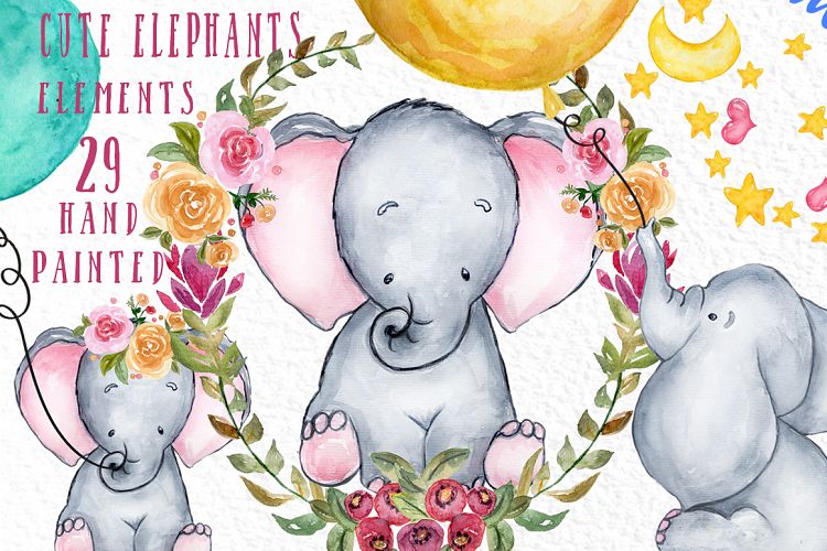 Cute Elephant clipart, WATERCOLOR ANIMALS, Baby shower