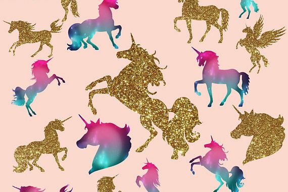 Gold glitter and Galaxy Unicorns Clipart