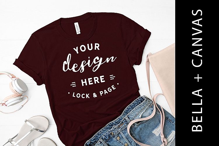 Oxblood Bella Canvas 3001 T-Shirt Mockup White Wood Setup