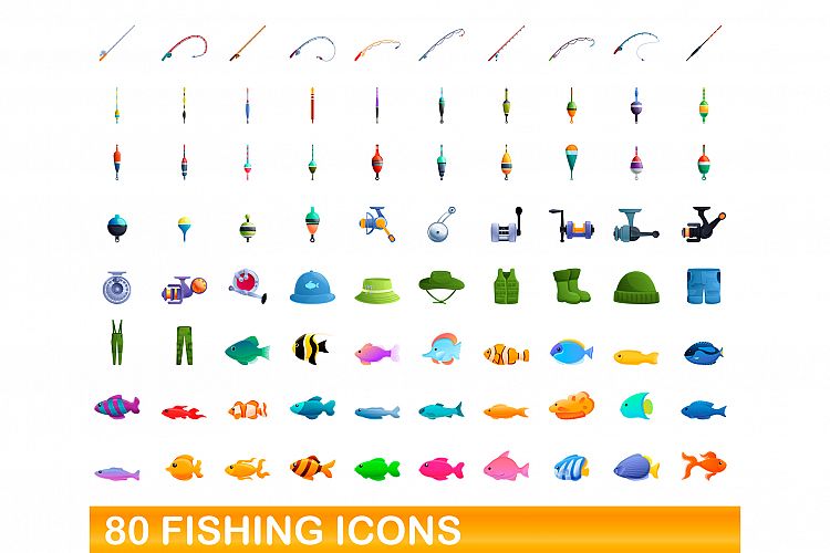 80 fishing icons set, cartoon style example image 1