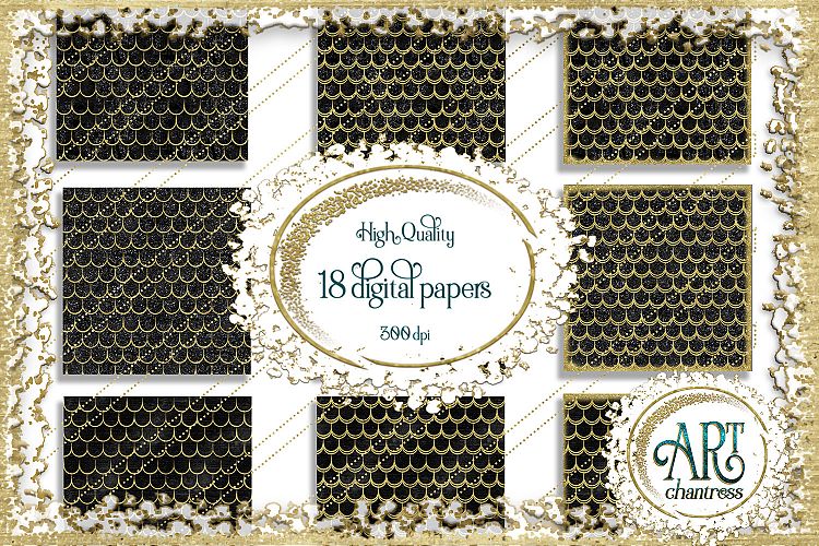 18 Digital Papers - Black and Gold Glitter - Mermaid Scale Tail Digital Paper, Texture of Mermaids Scales  : JPEG files 12X12 INCH each