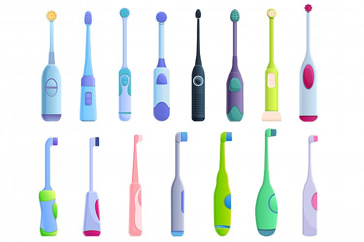 Electric toothbrush icons set, cartoon style