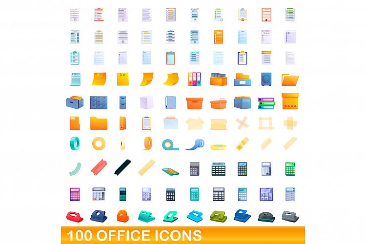 100 office icons set, cartoon style example image 1