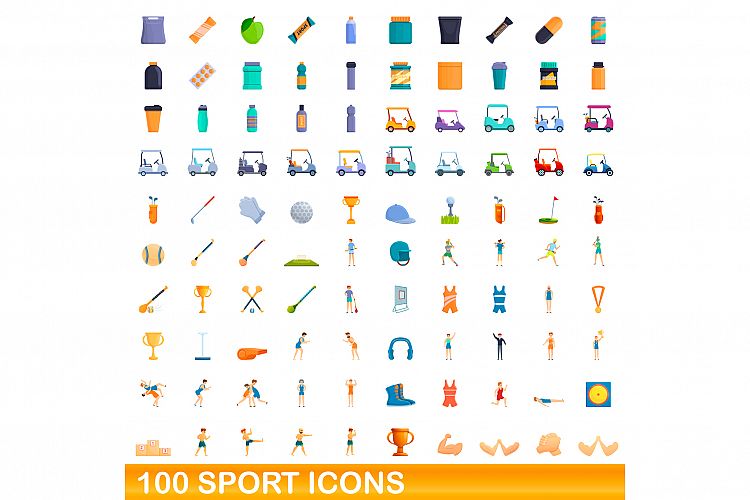 100 sport icons set, cartoon style example image 1