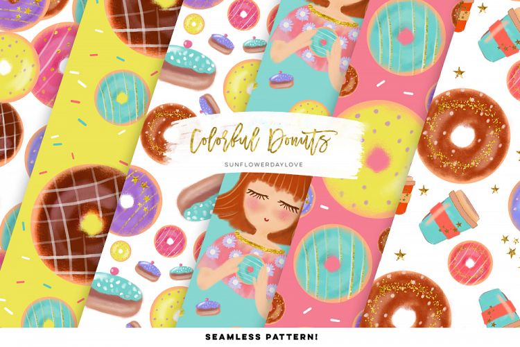Colorful donut pattern images, Donut Party digital paper set