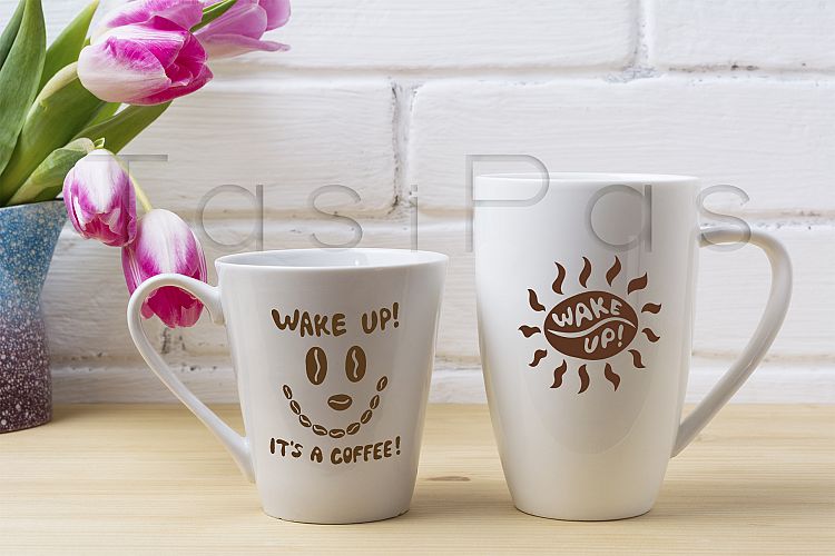 White coffee latte and cappuccino mug mockup with magenta tulip