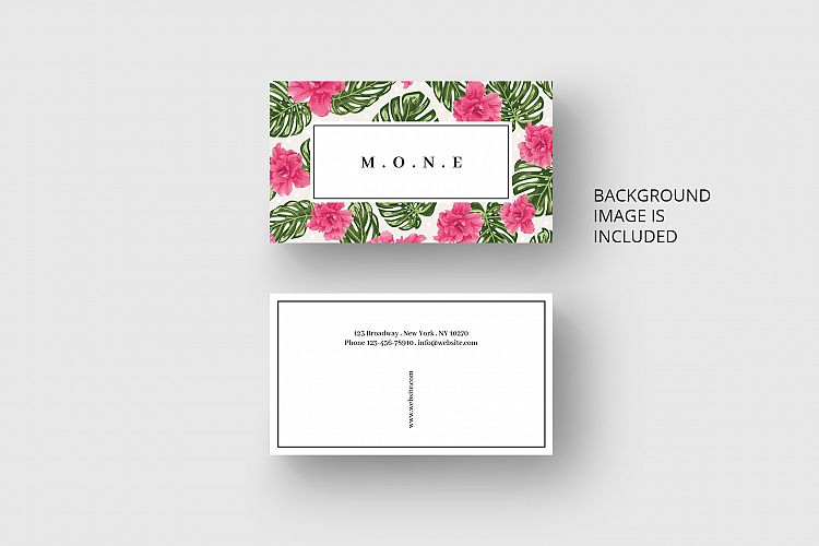 Business card template with monstera leaf & tropical flowers