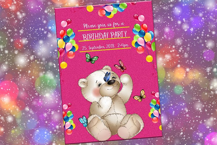 Happy Birthday Invitation Card, Teddy Bear, Birthday Girl