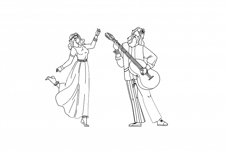 Hippie Couple Dancing And Playing On Guitar Vector example image 1