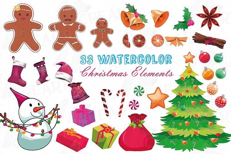 Christmas Elements watercolor clip art, Printable PNG files